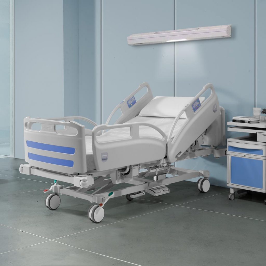 Modern hospital bed in a bright room